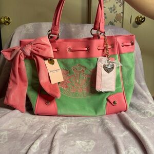Juicy Couture Pink and Green Scottie Dog Tote with Bow and Charm